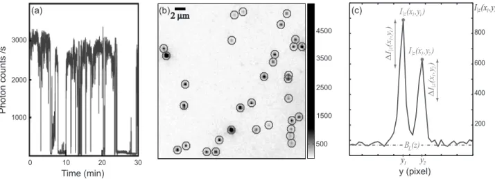 Fig. 1. (a) Time trace of the fluorescence intensity for a single QD. (b) 2D fluorescence image
