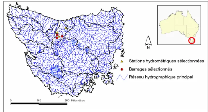 Figure  4.6 : Localisation des trois stations hydrométriques et des barrages-réservoirs en  Australie 