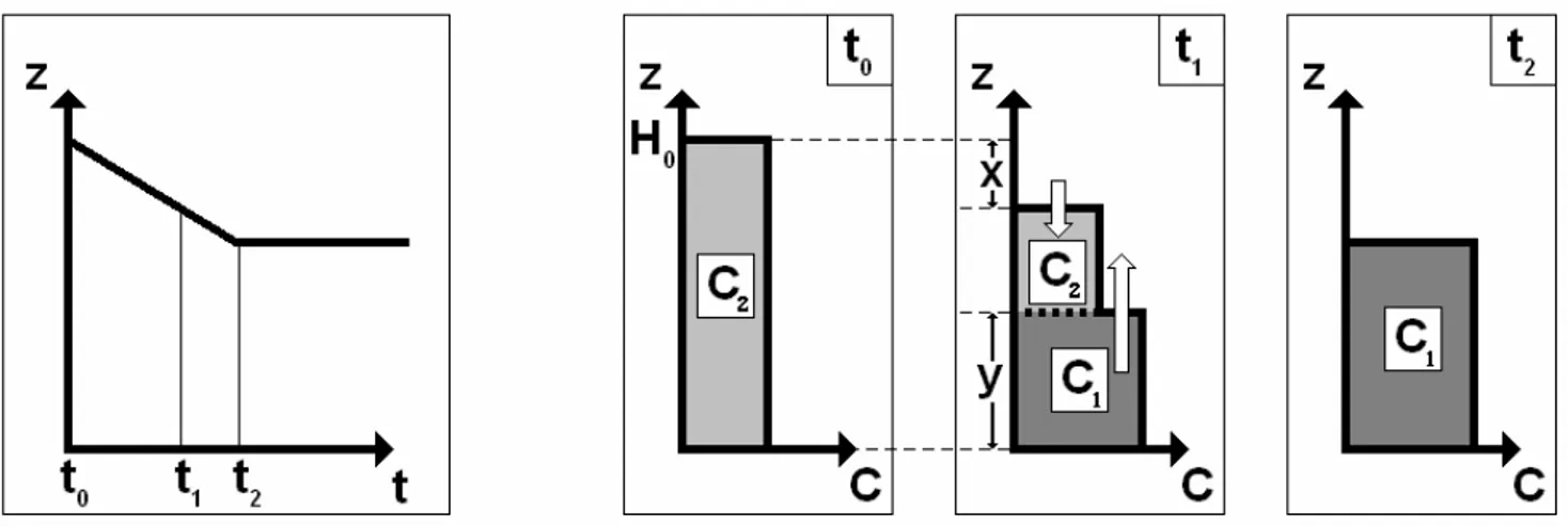 Figure II-2 : Illustration d’un cas théorique de sédimentation pure sans chute entravée 