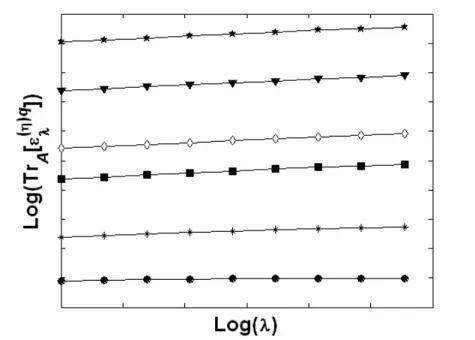 Figure   3-1.  Méthode  DTM:  comportement  des  divers  moments  statistiques  normalisés  d’ordre  q  des  puissances η du processus multifractal  εεεε λ 