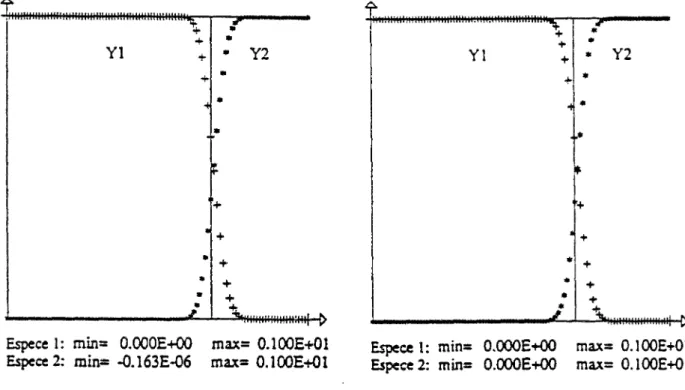 Figure II.3 : Fractions massiques pour le tube à choc de Sod à 7 constant = 1.4 (Schéma de  Roe du premier ordre, approche (B) et (C))