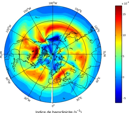 Fig. III.6 – Indice de baroclinicit´e ´evalu´e entre 350 et 850 hPa `a l’instant initial sur la trajectoire