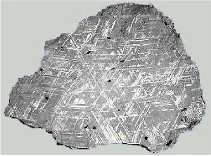Figure 1-2 : section polie et traitée d’une météorite de fer qui montre les figures de Widmanstätten
