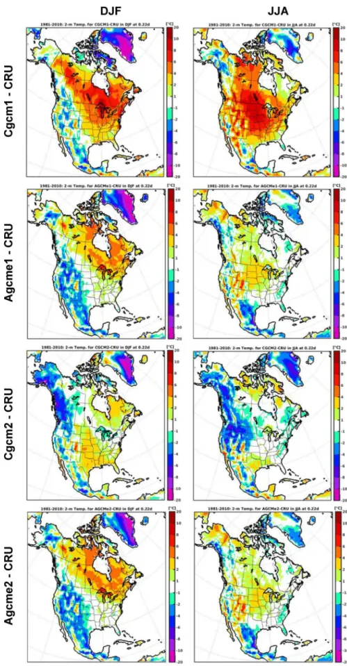 Fig. 5    2-m temperature bias for  1981–2010 compared to  obser-vational dataset CRU  (avail-able over land), for the driving  models historical simulations  Cgcm# (1st and 3rd row) and  Agcm_e# (2nd and 4th row)