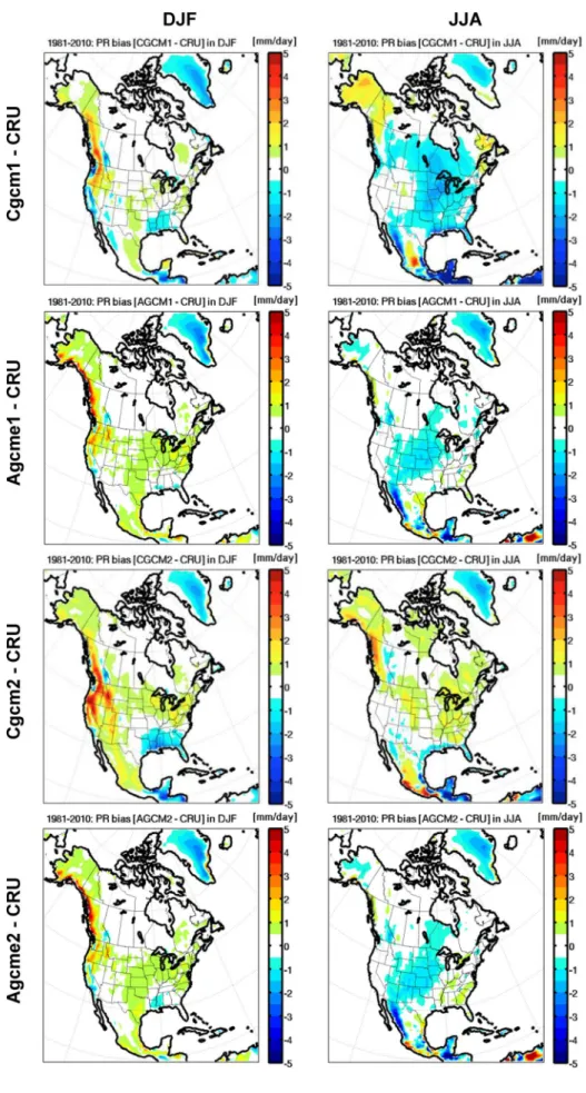Fig. 8    Precipitation bias (mm/ day) for 1981–2010 compared  to observational dataset CRU  (available over land), for the  driving models historical  simu-lations Cgcm# (1st and 3rd row)  and Agcm_e# (2nd and 4th row)