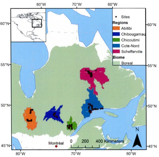 Figure  2.1:  Map  of  the  boreal  biome  in  Québec,  regions  sampled  and  the  190  stream and river sites sampled 