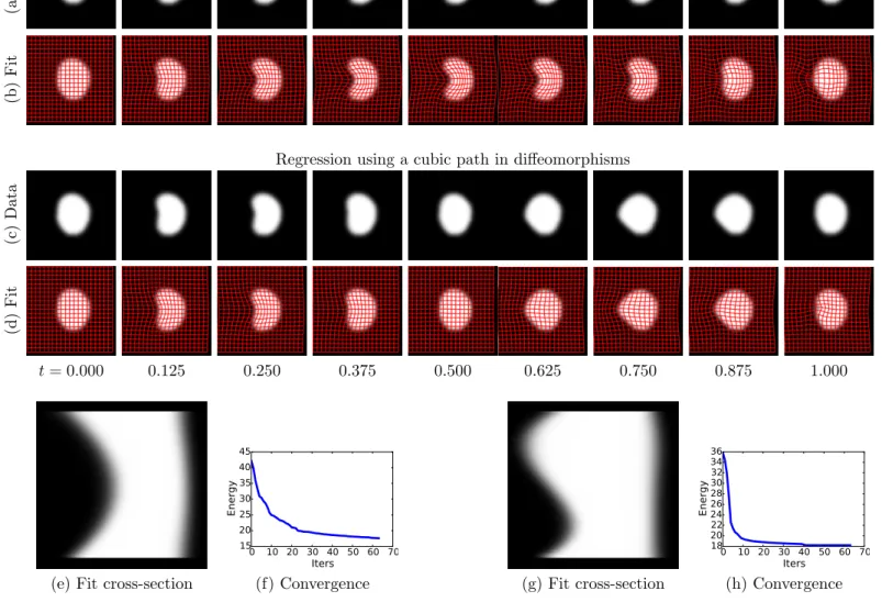 Figure 6: Regression of quadratic and cubic like data. Top two rows (a) and (b) detail the quadratic like sparsely sampled data and the corresponding quadratic regression fit, respectively, and (e) and (f) show the cross-sectional view of movement of a bou