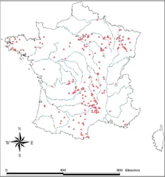 Figure 3-2 : Localisation des 221 stations hydrométriques françaises  3.3.2.  Base de données aux Etats Unis d’Amérique 