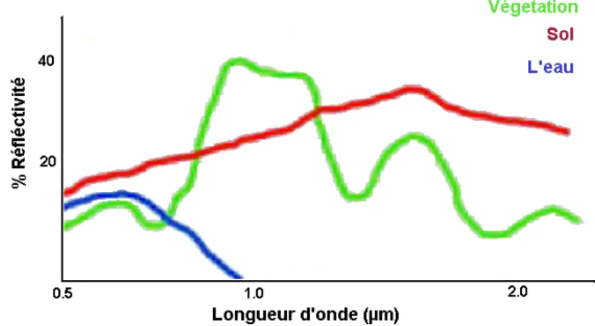 Fig. 2.5 – La reflectivit´e spectrale pour trois mat´eriaux distincts : le sol, l’eau et la v´eg´etation, [CCRS]