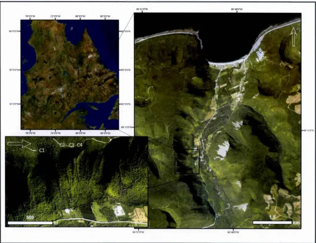Figure 2.1  Localisation de  la  ré gi on  e t  du site d ' étude dans  l a va llée de Mont-Saint-Pierre en Gaspésie  septentrionale 