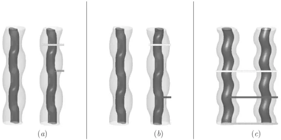 Fig. 3.4 – Vertical vorticity isosurfaces of the co-rotating vortex pair perturbed by (a) antisymmetric elliptic instability (F h = ∞), (b) symmetric elliptic instability (F h = ∞),