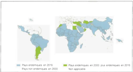 Fig.  1.5: Carte illustrant la distribution du paludisme à travers le monde (CDC 2017b )