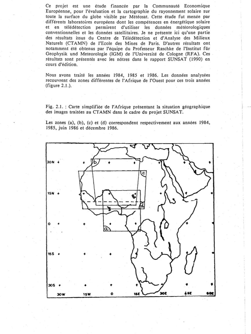 Fig.  2.1.  :  Carte  simplifiée  de  l'Afrique  présentant  la  situation  géographique  des  images  traitées  au  CT AMN  dans  le  cadre  du  projet SUNSA T