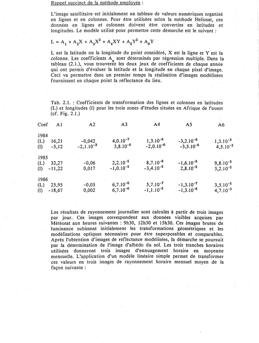 Tab.  2.1.  :  Coefficients  de  transformation  des  lignes  et  colonnes  en  latitudes  (L)  et  longitudes  (1)  pour  les  trois  zones  d'études  situées  en  Afrique  de  l'ouest  (cf