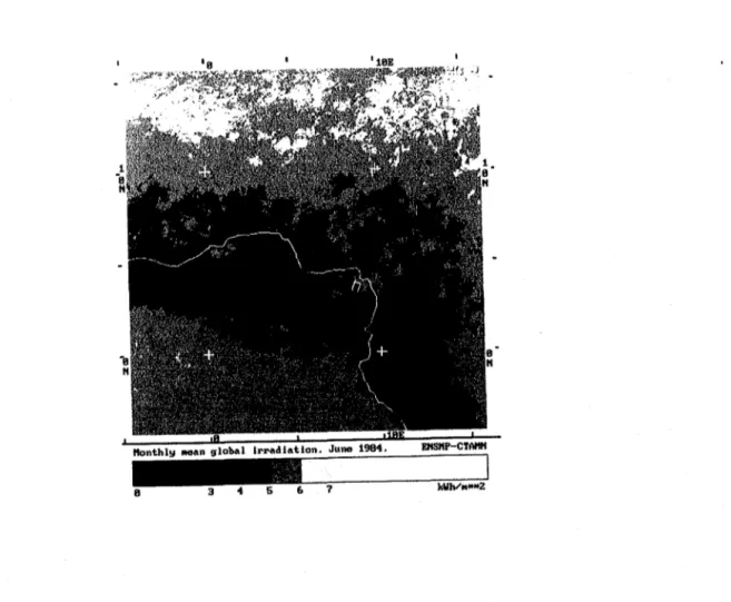 Fig.  2.2.  :  carte  de  rayonnement  journalier  moyen  du  mois  de  juin  1984,  en  région  nord  équatoriale  de  l'ouest  de  l'Afrique