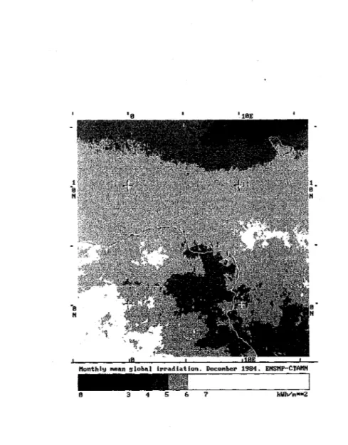 Fig.  2.3.  : carte  de  rayonnement  journalier moyen  du  mois  de  décembre  1984,  en  région  nord  équatoriale  de  l'ouest de  l'Afrique