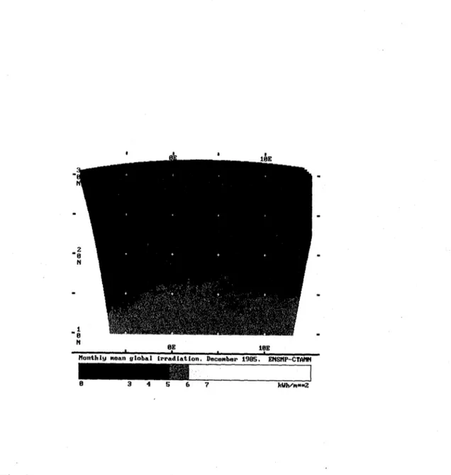 Fig.  2.5.  : carte  de  rayonnement  journalier moyen  du  mois  de  décembre  1985.  La zone  étudiée  est  centrée  sur  les  grands  déserts  d'Eldjouf au  nord  du  Mali