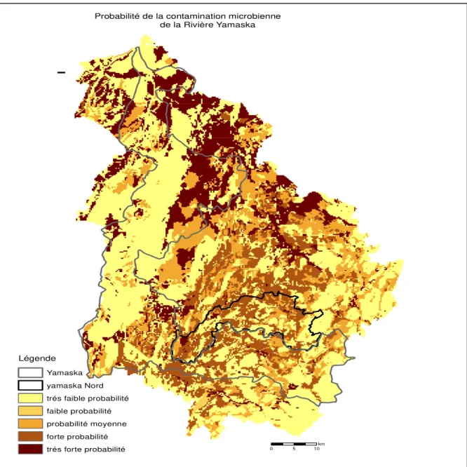 Figure 4. Probabilité de contamination microbienne sur la Yamaska à partir du modèle D 