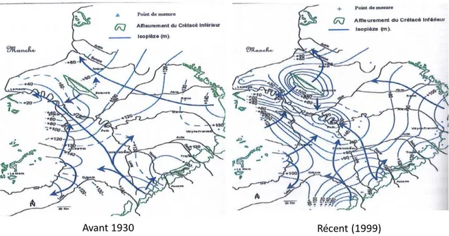 Figure 3-3: Carte piézométrique de la nappe captive de l’Albien des années 1930 à 1999 (Raoult, 1999)