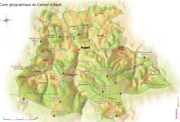 Figure 1.1  L’ancien  canton  d’Aspet  et  ses  21 communes  (relief,  réseau  hydrographique et découpage communal) 