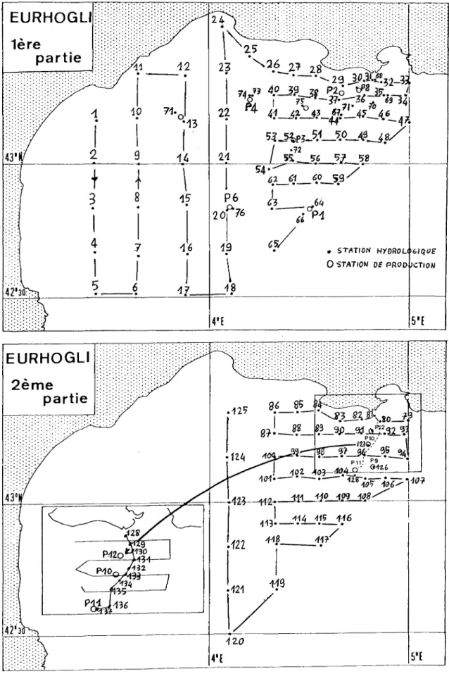 Figure  II.6  :  Répartition  des  stations  hydrologiques  (no  1  à  129)  et  de  production  (Pl  à  Pl2)  pendant  les  deux  parties  de  la  mission  EURHOGLI