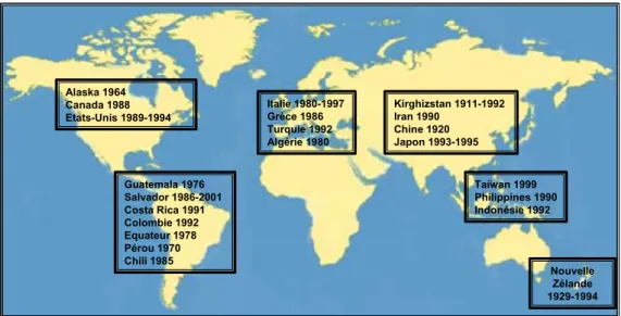 Figure 1-2 : Exemples de mouvements de versant sous sollicitations dynamiques depuis 1900 (Keefer,  1984a ; Rodriguez et al., 1999)