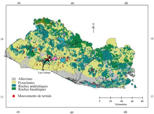 Figure 1-12 : Carte lithologique du Salvador (Ministerio de Medio Ambiente y Recursos Naturales,  2000)