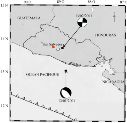Figure 1-18 : Localisation des épicentres des séismes de janvier et de février 2001 (Bommer et al.,  2002)