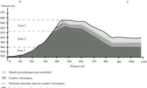 Figure 1-23 : Profil lithologique 2D du versant ayant conduit à l’instabilité de Las Colinas (Lotti et  Associati-Enel.Hydro, 2001 ; Sigaran, 2003)