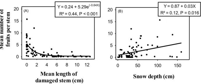 Figure 5: The relationship between fruits per stem and (A) mean length of damaged stems,  and (B) snow depth at St-Méthode in 2015