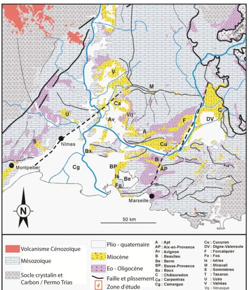 Figure 2-12: Carte de localisation du bassin d’avant pays du SW des Alpes, issue de la carte géologique au  1/1000000-  Chantraine, 1996 – Besson, 2005)