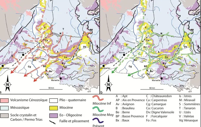 Figure 2-14 : Reconstitution paléogéographique des réseaux de vallées incisées aquitano-burdigaliens (A) et  langhien – serravaliens (B) de drainage fluviatile dans le BMRP (Besson, 2005)