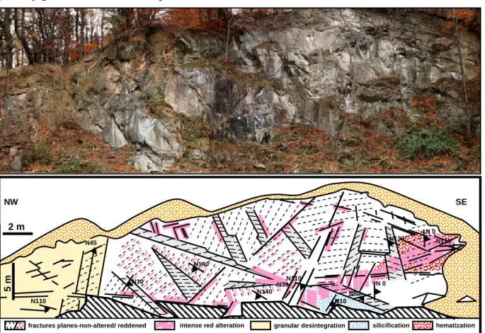 Figure  8 – Picture  and  sketch  of  the  red  alteration  that  follows  the  fractures  in  the  Laski  quarry