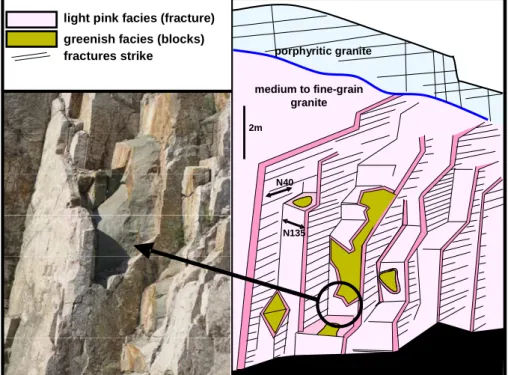 Figure 11 – Szklarska Por ęba quarry facies. The fine-grained granite is cut by N40° major fractures and 