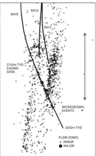 Figure 1.6  Front view of the seismic cloud of the EGS-system at Rosemanowes (Jung, 2013) 