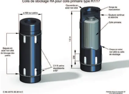 Figure 1.2. Colis primaire et colis de stockage pour les déchets HA (A NDRA , 2009). 