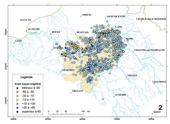Figure 2.12: Différences entre les concentrations moyennes annuelles en nitrates observées et simulées en 2000 sur les forages de l’Eocène (Viennot, 2008)