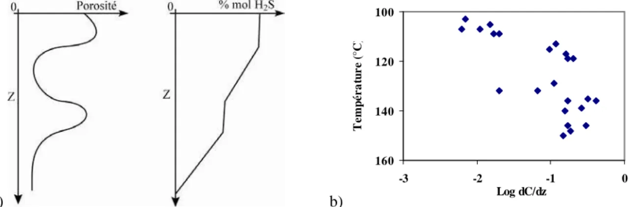 Figure  1.5  :  a)  Effet  de  la  porosité  sur  le  gradient  des  concentrations  en  H 2 S