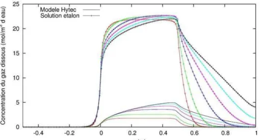 Figure  3.9 :  Évolution  temporelle  de  la  concentration  des  gaz  dissous  au  sommet  de  l'aquifère,  obtenues  avec  la  solution  étalon  et  Hytec