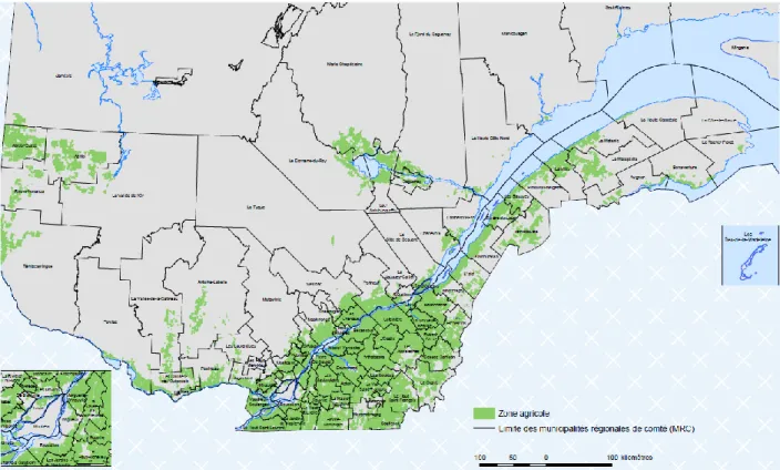 Figure 3.1 Vue d’ensemble de la zone agricole dans le sud du Québec (tiré de : CPTAQ, 2018) 