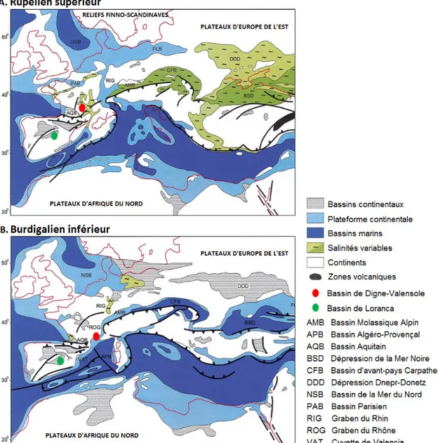 Figure  2-1.  Cartes paléogéographiques schématiques de la Péri-Téthys au Rupélien supérieur (A) et au Burdigalien 