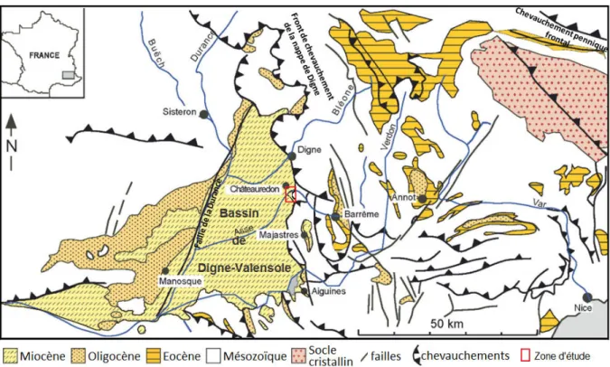 Figure 2-2. Localisation du bassin de Digne-Valensole et des sections étudiées sur la carte géologique du Sud-est de la 