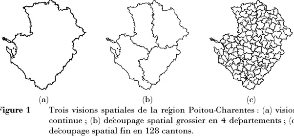 Figure 1  Trois visions spatiales de la région Poitou-Charentes : (a) vision  continue ; (b) découpage spatial grossier en 4 départements ; (c)  découpage spatial fin en 128 cantons