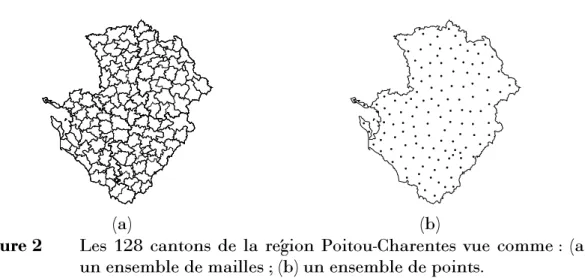 Figure 2  Les 128 cantons de la région Poitou-Charentes vue comme : (a)  un ensemble de mailles ; (b) un ensemble de points