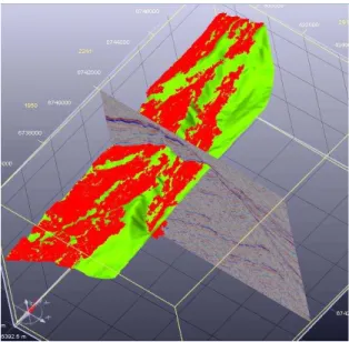 Figure 22: Geometrical verification concerning the Top Dunlin horizon: the surface resulting from an                     automated interpretation using our method (red) well fits with the handpicked Top Dunlin                      surface (green)