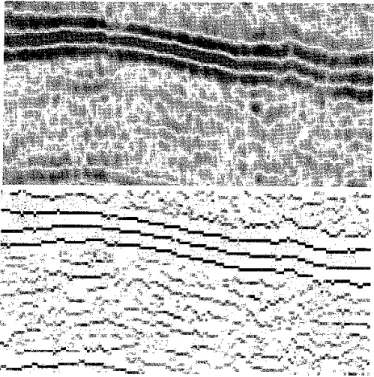 Figure 2.15 : En haut l'image sismique initiale. En bas, la même image sous forme de matrice creuse