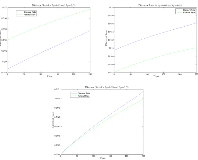 Figure 4.17: Discount Rate for agents with asymmetric beliefs (δ 1 , δ 2 ) = (0.02, −0.05) and