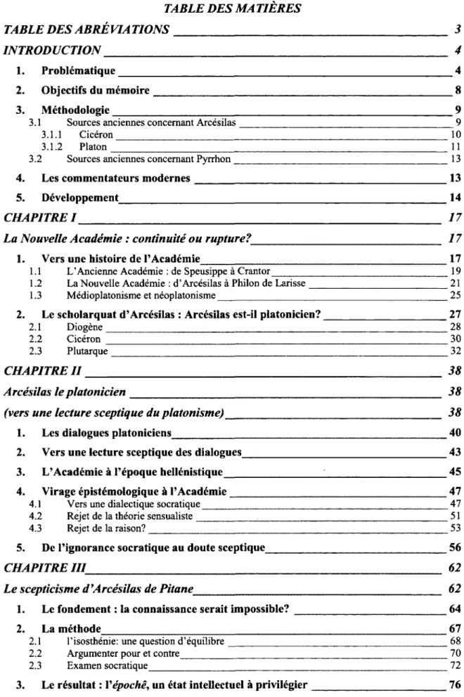 TABLE DES MA TIÈRES 