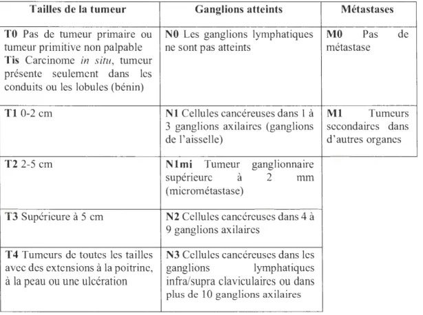 Tableau 1.1  Définition du grade et des stades des cancers du sein 