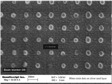 Figure 2 shows a SEM of an average 80 nm diam, 30 nm height dots fabricated in the negative resist
